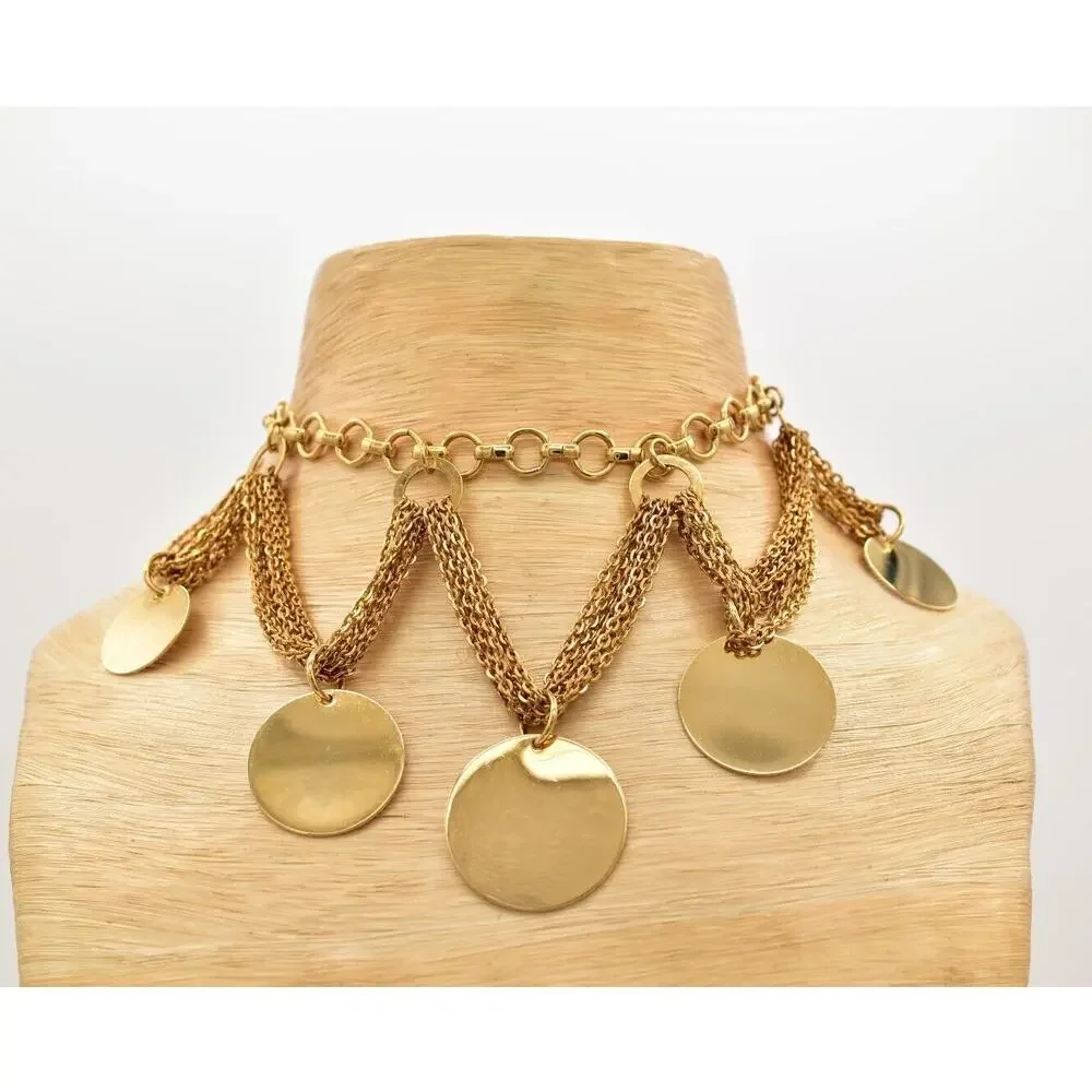 Vintage Multi-Chain Choker Necklace Bold Bib Gold Chunky Statement 1990s BinA17